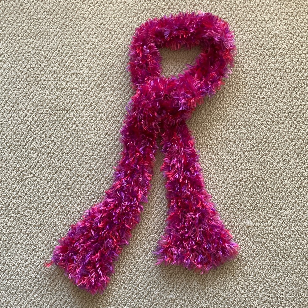 Girls’ Fluffy Pink Purple Handmade Knit Scarf 58” by 5” Soft Stretch Warm EUC